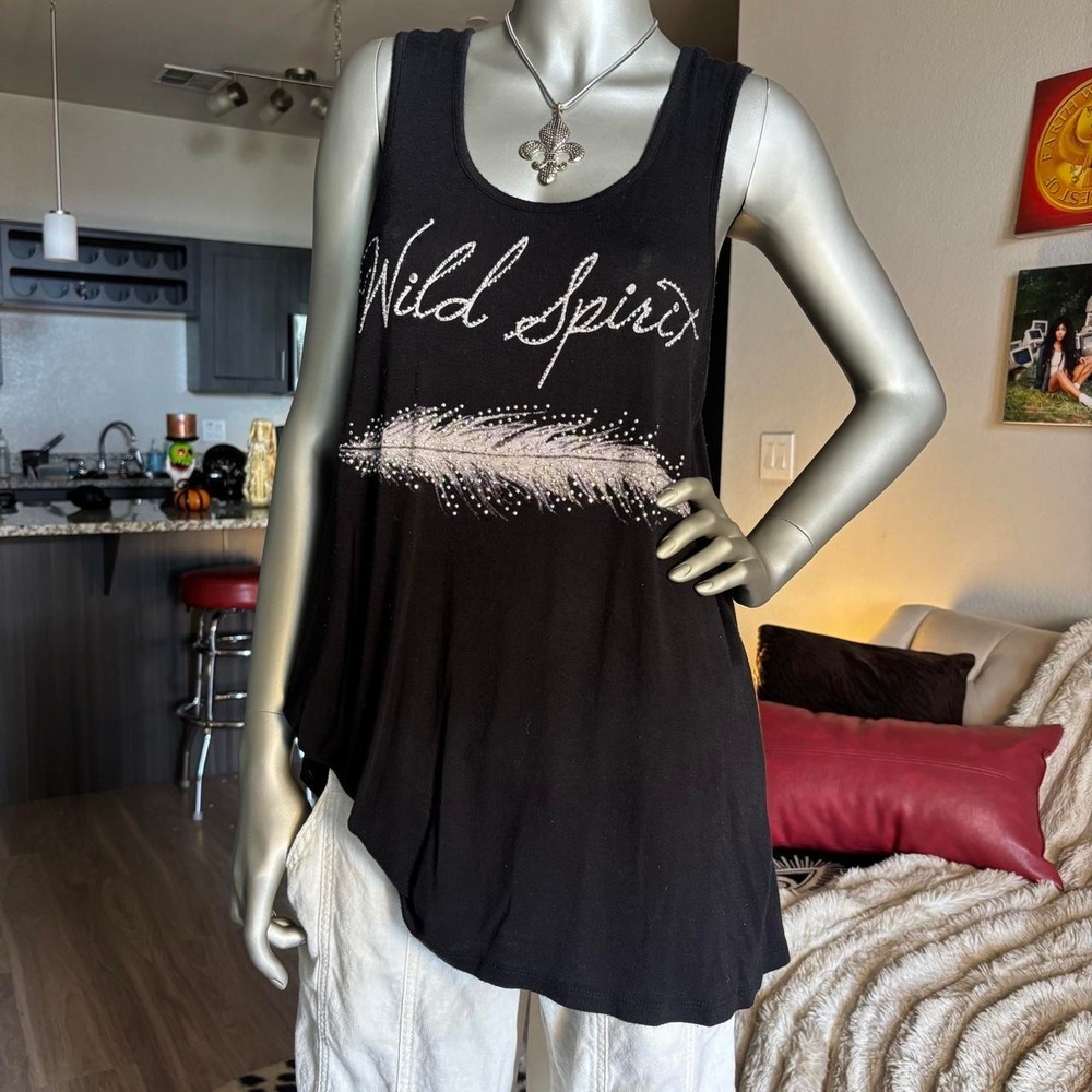 Black Rhinestone Feather Wild Spirit Lace Back Tank Top Y2K